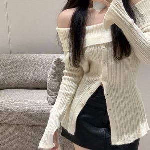 Long sleeve off-shoulder ribbed-knit sweater